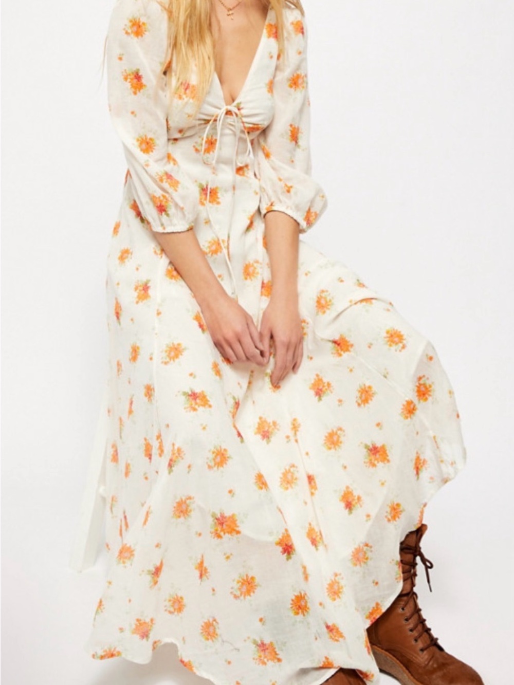 Free People Ivory Maxi Dress with Orange Floral Print